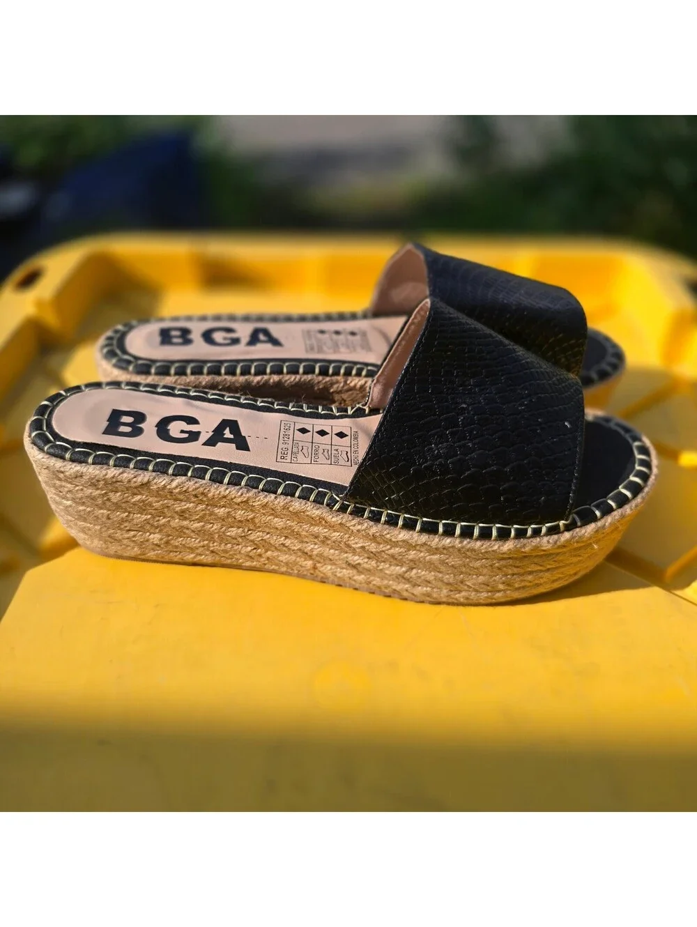 BGA Black Leather Platform Slide Sandals with Jute Wedge